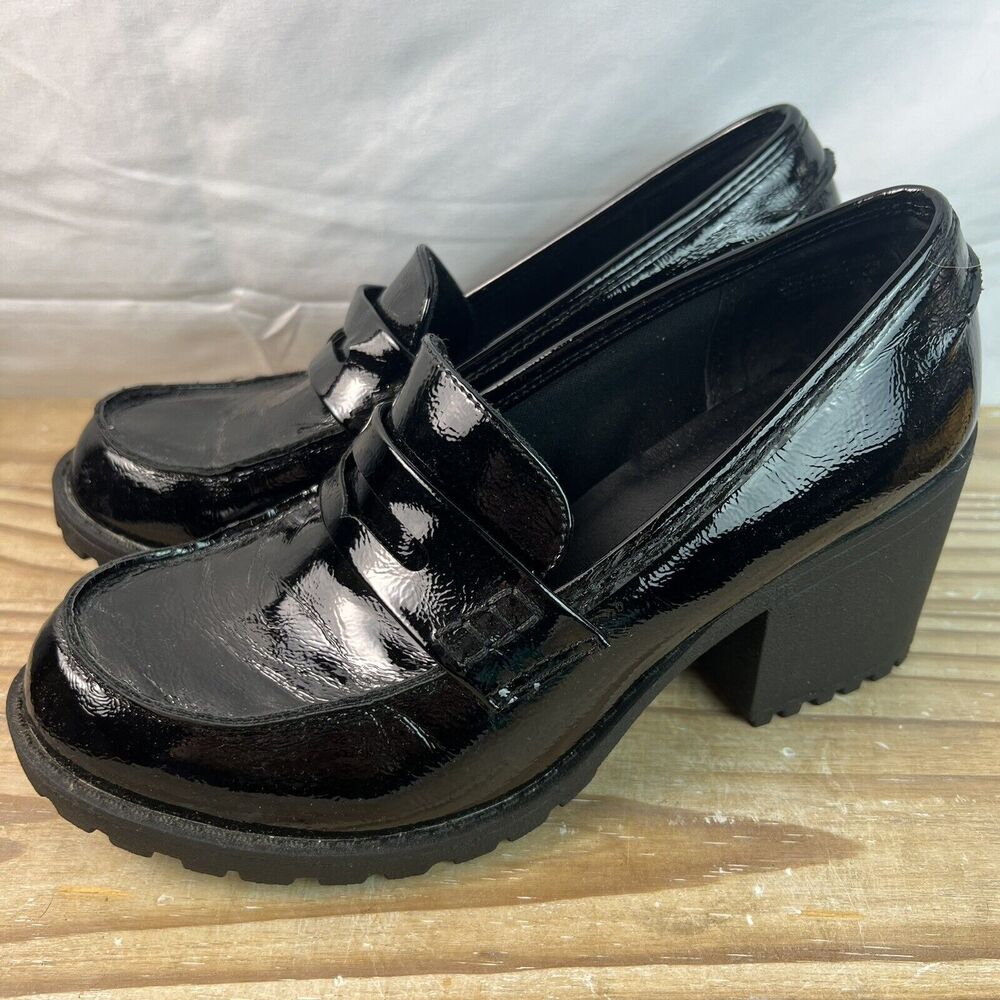 True Craft Y2K Style Chunky Heel Penny Loafers Black Patent Size 8.5